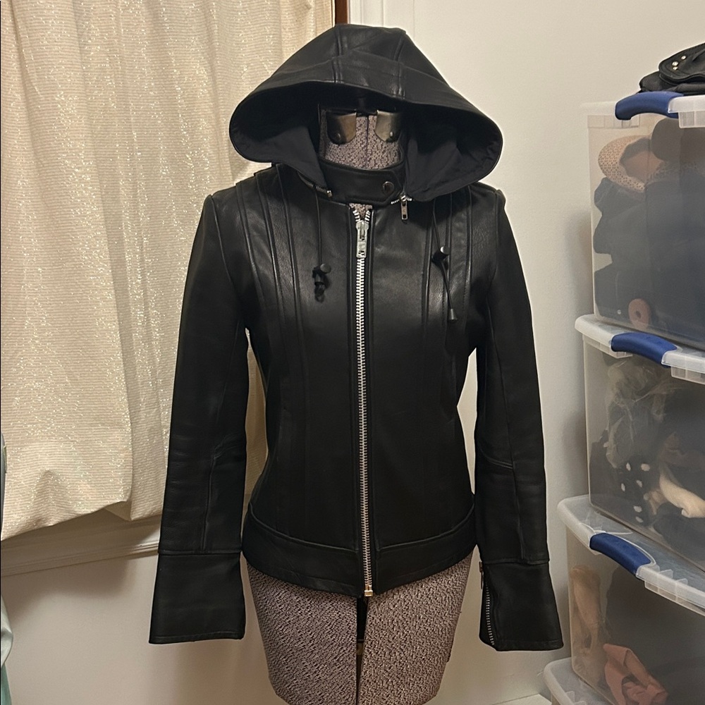 Women's Black Leather Hooded Jacket